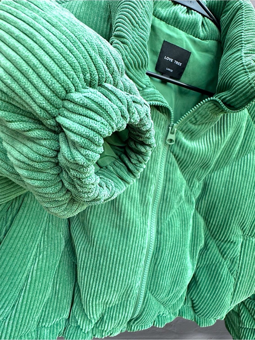 Love Tree Kelly Green Corduroy Cropped Puffer Jacket L Quilted Streetwear Coat - Picture 4 of 15